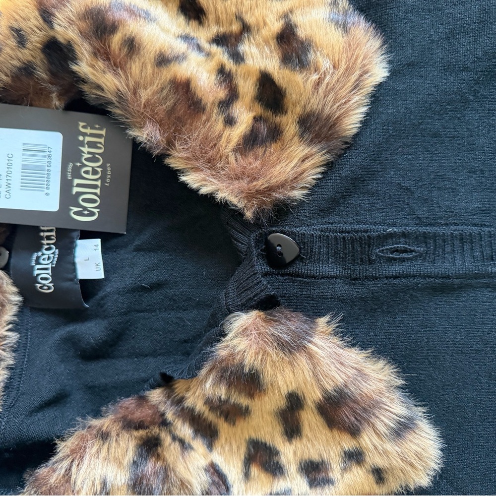 Collectif Black Cardigan with Leopard Fur Collar - Picture 4 of 4